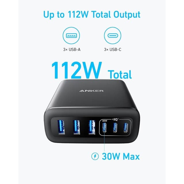 شاحن مكتبي انكر 6 منافذ 112 واط Anker Fast Desktop Charger