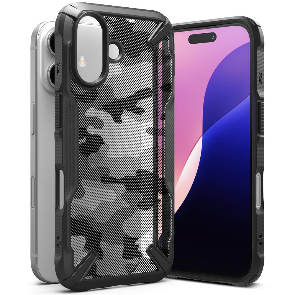 Ringke Fusion-X Compatible with iPhone 16 Case Cover Transparent Hard Back Soft Flexible TPU Bumper Scratch Resistant Shockproof Protection iPhone 16 Back Phone Cover- Camo Black