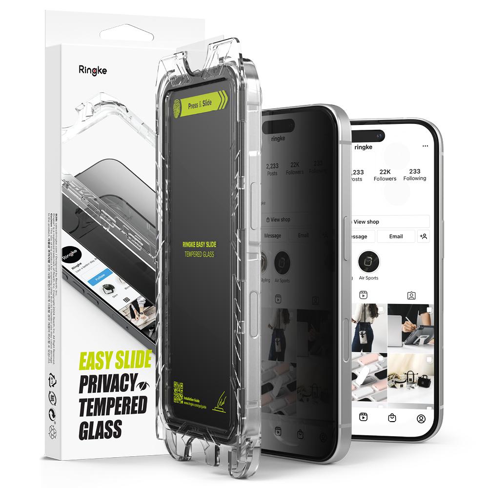 Ringke Privacy Tempered Glass [Easy Slide ] [Anti Spy] Compatible with iPhone 16 Plus/15 Plus Screen Protector, Easy to Install Case Friendly Privacy Screen Protector- 2 Pack, W Installation Jig