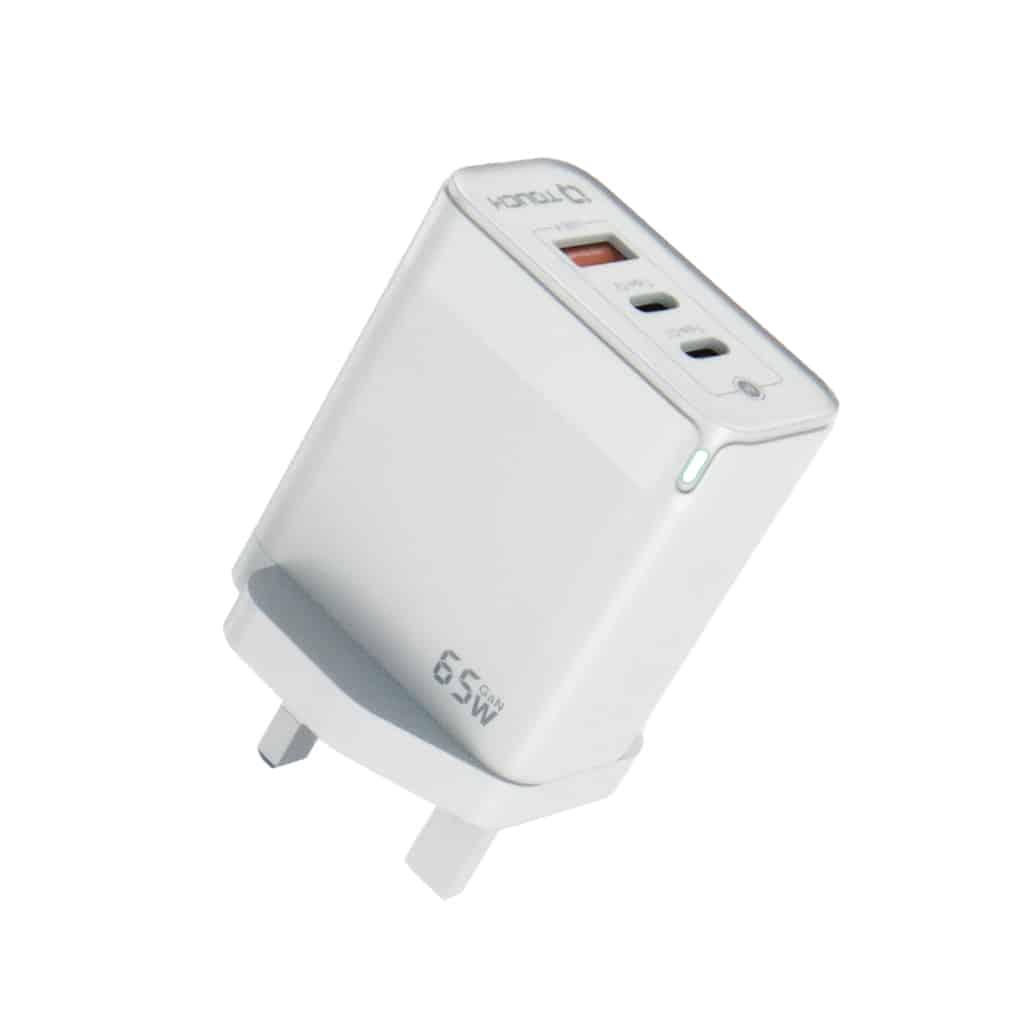 IQ Touch 65W Compact 3-Output Gan Charger with (2 Type-C PD 65W) and (1 USB-A QC 18W) Port