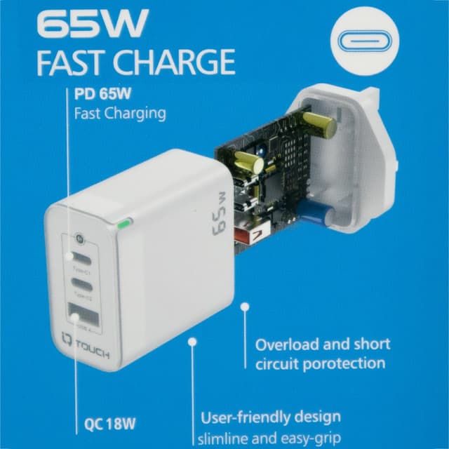 فيش جداري 3 منافذ 65 واط اي كيو تاتش مع تقنية جان IQ Touch 65W Compact 3-Output Gan Charger