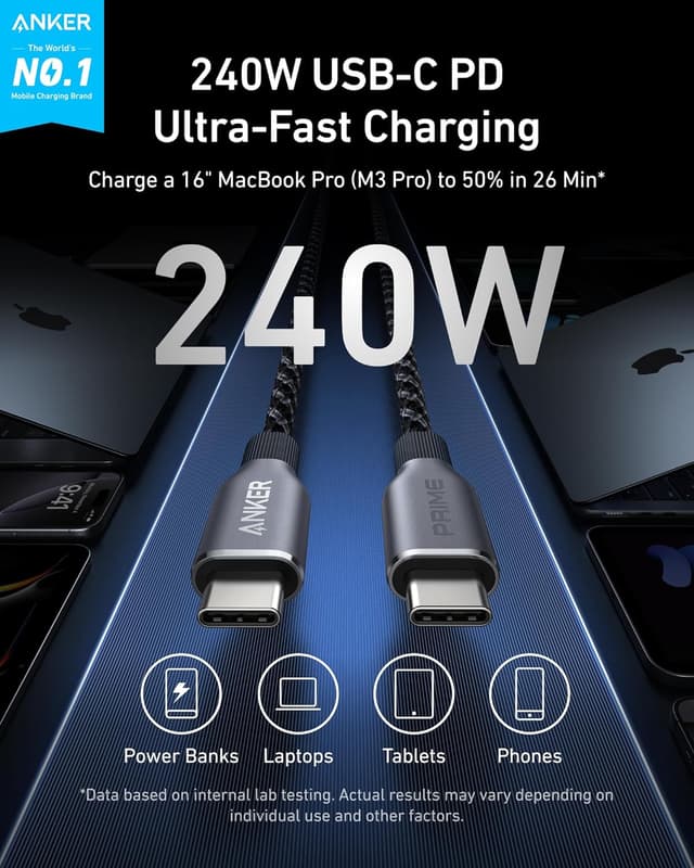 وصلة شاحن تايب سي انكر برايم 1.8 متر 240 واط Anker Prime USB-C To USB-C Cable