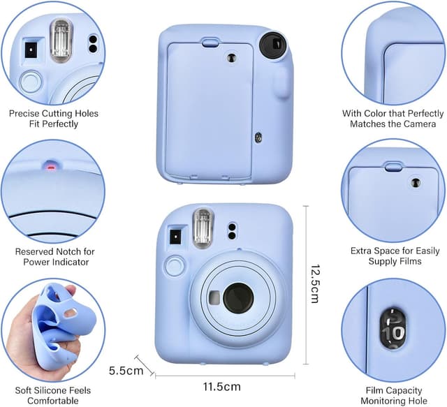 O Ozone Silicone Case for Fujifilm Instax Mini 12 Instant Camera Case Soft Protective Camera Cover with Adjustable Shoulder Strap - Pastel Blue