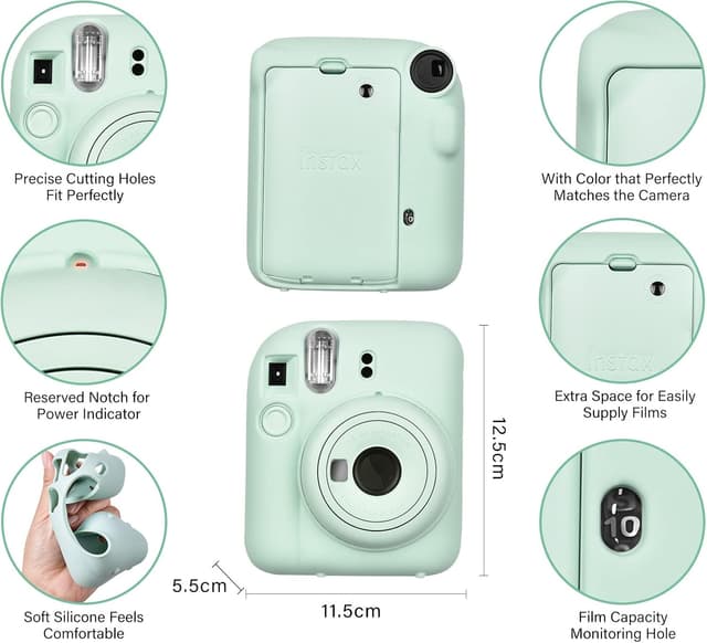 O Ozone Silicone Case for Fujifilm Instax Mini 12 Instant Camera Case Soft Protective Camera Cover with Adjustable Shoulder Strap - Mint Green