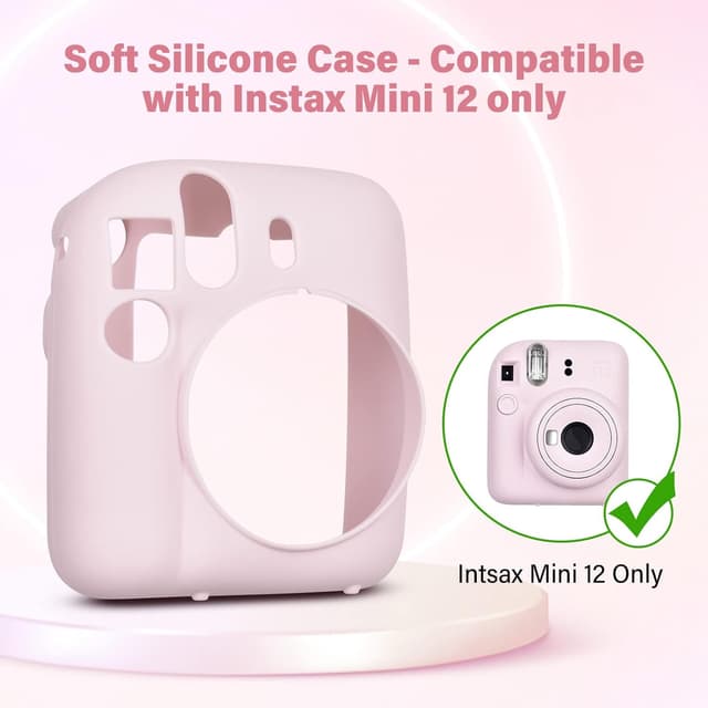 غضاء حماية لكاميرا فوجي فيلم إنستاكس ميني 12 الفورية مع حزام  كتف قابل للتعديل وردي أو أوزوان O Ozone Silicone Case for Fujifilm Instax Mini 12 Instant Camera Case Soft Protective Camera Cover with Adjustable Shoulder Strap Blossom Pink