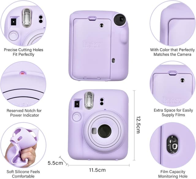 O Ozone Silicone Case for Fujifilm Instax Mini 12 Instant Camera Case Soft Protective Camera Cover with Adjustable Shoulder Strap - Lilac Purple