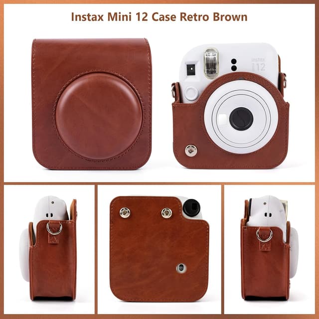 O Ozone PU Leather Camera Case for Fujifilm Instax Mini 12 Instant Camera Protective Camera Cover with Adjustable Shoulder Strap - Brown