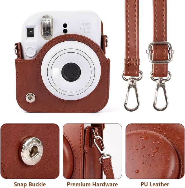 O Ozone PU Leather Camera Case for Fujifilm Instax Mini 12 Instant Camera Protective Camera Cover with Adjustable Shoulder Strap - Brown