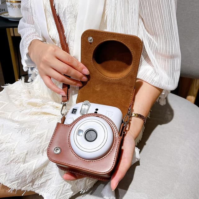O Ozone PU Leather Camera Case for Fujifilm Instax Mini 12 Instant Camera Protective Camera Cover with Adjustable Shoulder Strap - Brown
