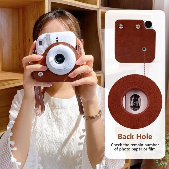 O Ozone PU Leather Camera Case for Fujifilm Instax Mini 12 Instant Camera Protective Camera Cover with Adjustable Shoulder Strap - Brown