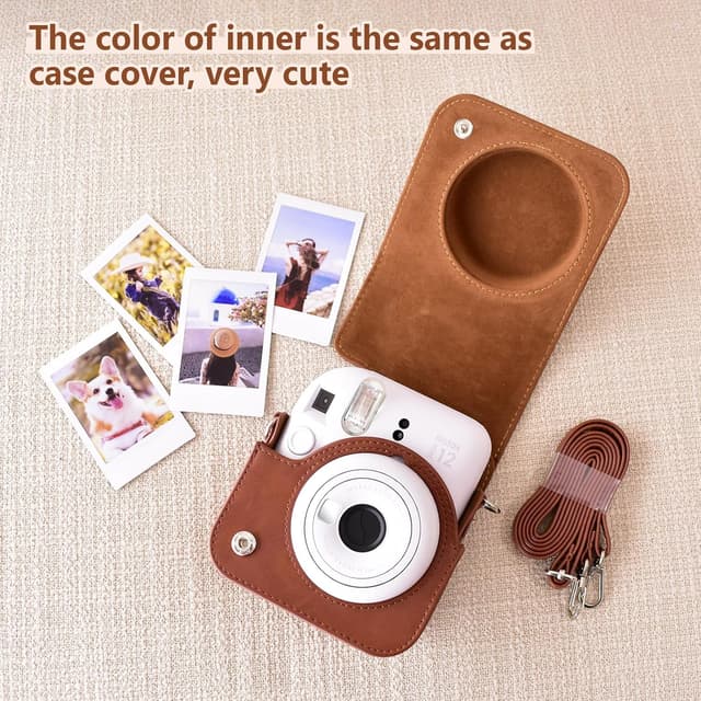 O Ozone PU Leather Camera Case for Fujifilm Instax Mini 12 Instant Camera Protective Camera Cover with Adjustable Shoulder Strap - Brown