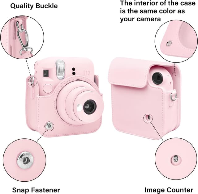 O Ozone PU Leather Camera Case for Fujifilm Instax Mini 12 Instant Camera Protective Camera Cover with Adjustable Shoulder Strap - Blossom Pink