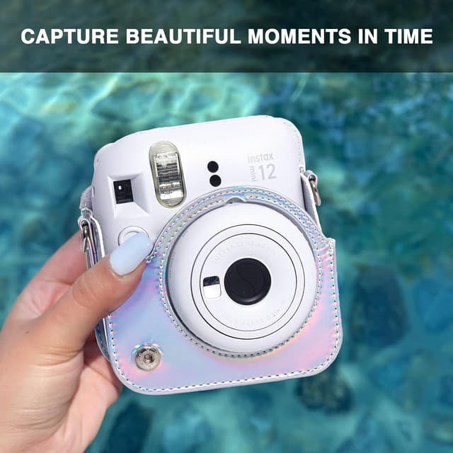 O Ozone Protective Camera Case for Fujifilm Instax Mini 12 Instant CameraPU Leather Camera Cover with Adjustable Shoulder Strap -Shiny Silver