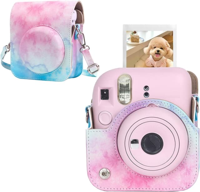 O Ozone PU Leather Camera Case for Fujifilm Instax Mini 12 Instant Camera Protective Camera Cover with Adjustable Shoulder Strap - Blue pink painting