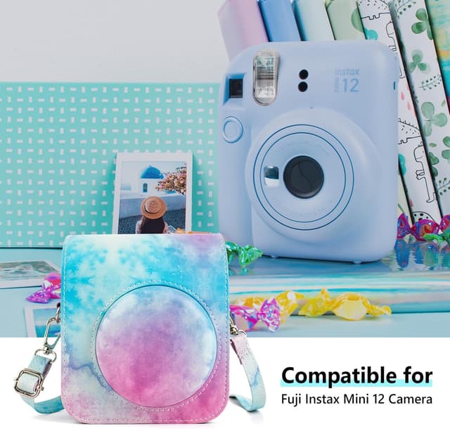O Ozone PU Leather Camera Case for Fujifilm Instax Mini 12 Instant Camera Protective Camera Cover with Adjustable Shoulder Strap - Blue pink painting