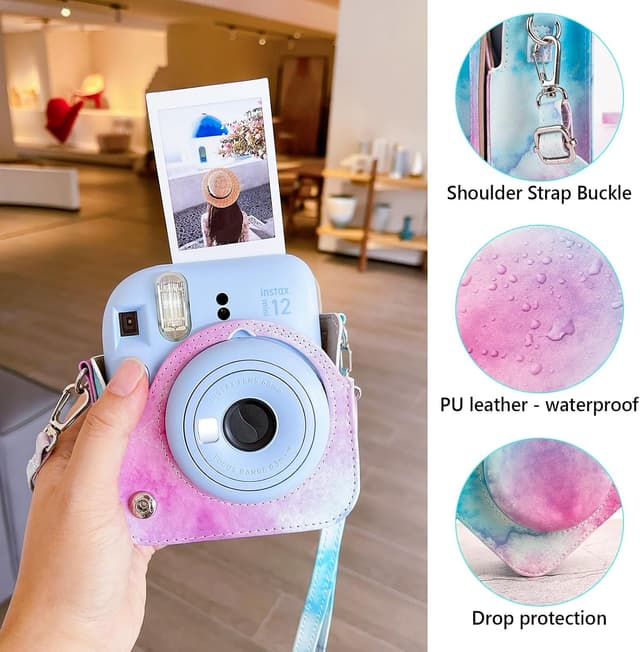 O Ozone PU Leather Camera Case for Fujifilm Instax Mini 12 Instant Camera Protective Camera Cover with Adjustable Shoulder Strap - Blue pink painting