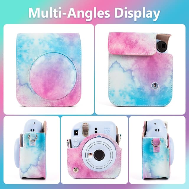 O Ozone PU Leather Camera Case for Fujifilm Instax Mini 12 Instant Camera Protective Camera Cover with Adjustable Shoulder Strap - Blue pink painting