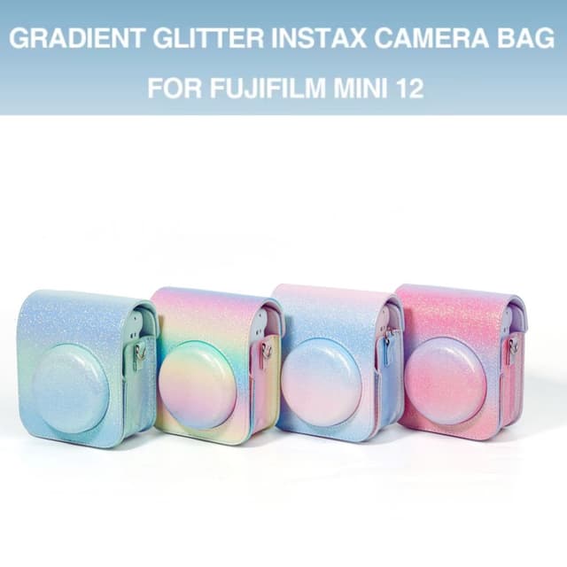 O Ozone Protective Camera Case for Fujifilm Instax Mini 12 Instant Camera, PU Leather Glitter Gradient Style Camera Carrying Bag with Shoulder Strap for Instax Mini 12-Pink&Purple