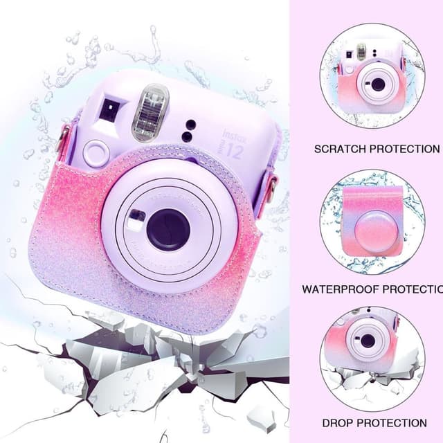 O Ozone Protective Camera Case for Fujifilm Instax Mini 12 Instant Camera, PU Leather Glitter Gradient Style Camera Carrying Bag with Shoulder Strap for Instax Mini 12-Pink&Purple