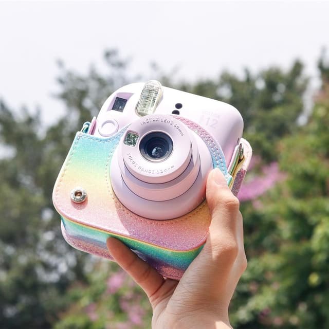 O Ozone Protective Camera Case for Fujifilm Instax Mini 12 Instant Camera, PU Leather Glitter Gradient Style Camera Carrying Bag with Shoulder Strap for Instax Mini 12-Pink&Purple