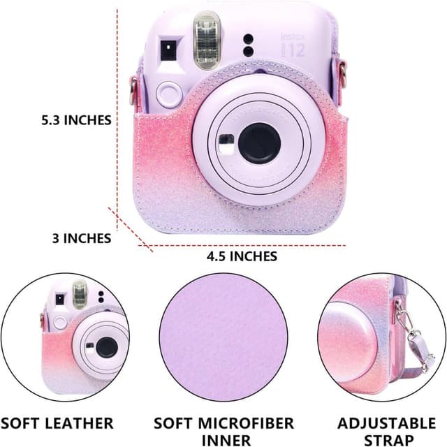 O Ozone Protective Camera Case for Fujifilm Instax Mini 12 Instant Camera, PU Leather Glitter Gradient Style Camera Carrying Bag with Shoulder Strap for Instax Mini 12-Pink&Purple