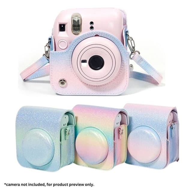 O Ozone Protective Camera Case for Fujifilm Instax Mini 12 Instant Camera, PU Leather Glitter Gradient Style Camera Carrying Bag with Shoulder Strap for Instax Mini 12-Pink&Purple