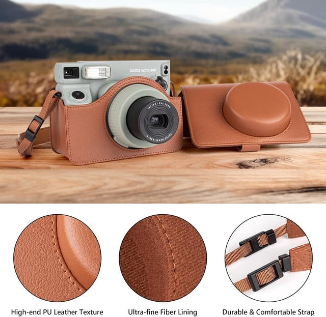 O Ozone Camera Case Compatible with Instax Wide 400 Camera, PU Leather Protective Carrying Camera Bag for Fuji Instax Wide 400 Instant Camera with Adjustable Shoulder Strap- Brown