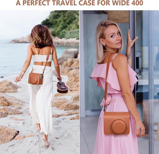 O Ozone Camera Case Compatible with Instax Wide 400 Camera, PU Leather Protective Carrying Camera Bag for Fuji Instax Wide 400 Instant Camera with Adjustable Shoulder Strap- Brown