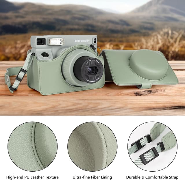 شنطة كاميرا جلد متوافقة مع كاميرا Instax Wide 400 مع حزام كتف قابل للتعديل أخضر فاتح او اوزون O Ozone Camera Case Compatible PU Leather Protective Carrying Camera Bag