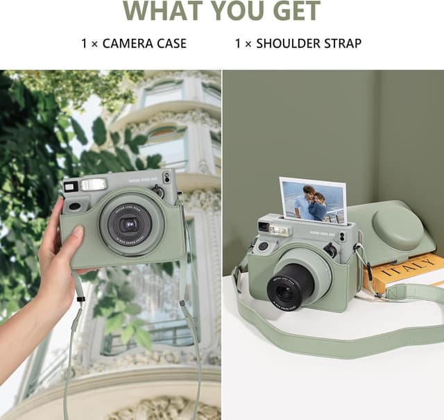 شنطة كاميرا جلد متوافقة مع كاميرا Instax Wide 400 مع حزام كتف قابل للتعديل أخضر فاتح او اوزون O Ozone Camera Case Compatible PU Leather Protective Carrying Camera Bag