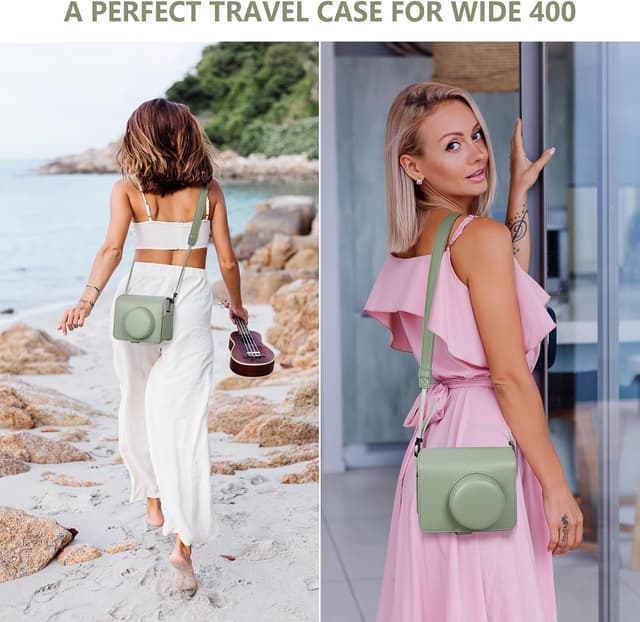 شنطة كاميرا جلد متوافقة مع كاميرا Instax Wide 400 مع حزام كتف قابل للتعديل أخضر فاتح او اوزون O Ozone Camera Case Compatible PU Leather Protective Carrying Camera Bag