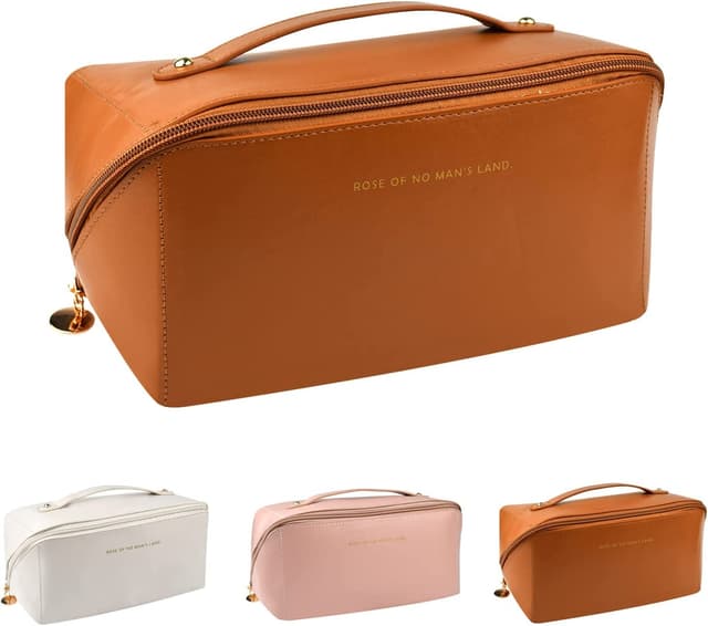 O Ozone Large Capacity Travel Cosmetic Bag, PU Leather Toiletry Bags with Divider and Handle Waterproof Skincare Portable Makeup Organizer Bag, Cosmetic Travel Pouch for Women Girls - Brown