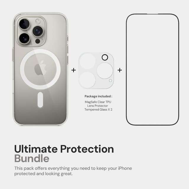 O Ozone 4 in 1 Bundle for iPhone 16 Pro Case + Tempered Glass Screen Protectors + Camera Lens Protector, Slim Soft TPU Shockproof Bumper Phone Cover -Clear