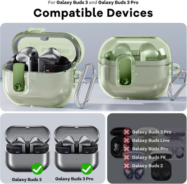 O Ozone Case Compatible with Samsung Galaxy Buds3 Case & Galaxy Buds 3 Pro Case Cover (2024), Anti-drop Anti-scratch Lock Clip Flexible TPU Clear Protection Case with Carabiner- Green