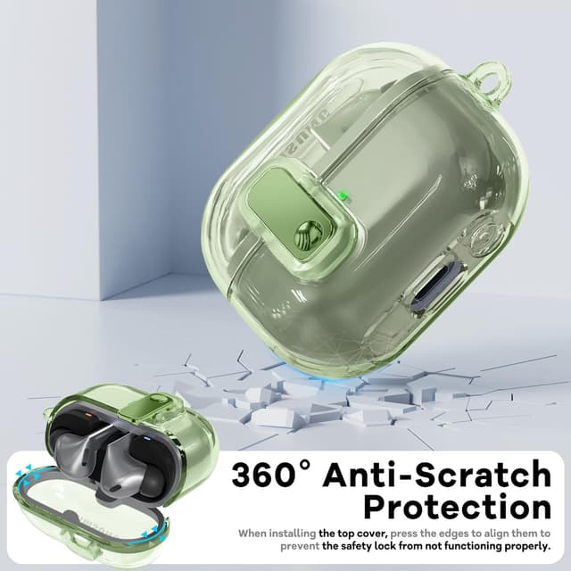 O Ozone Case Compatible with Samsung Galaxy Buds3 Case & Galaxy Buds 3 Pro Case Cover (2024), Anti-drop Anti-scratch Lock Clip Flexible TPU Clear Protection Case with Carabiner- Green