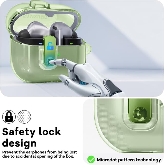 O Ozone Case Compatible with Samsung Galaxy Buds3 Case & Galaxy Buds 3 Pro Case Cover (2024), Anti-drop Anti-scratch Lock Clip Flexible TPU Clear Protection Case with Carabiner- Green