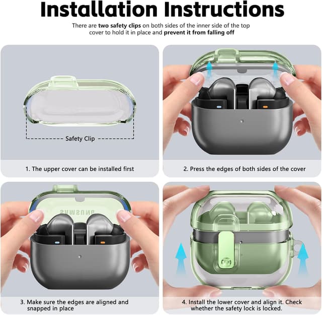 O Ozone Case Compatible with Samsung Galaxy Buds3 Case & Galaxy Buds 3 Pro Case Cover (2024), Anti-drop Anti-scratch Lock Clip Flexible TPU Clear Protection Case with Carabiner- Green