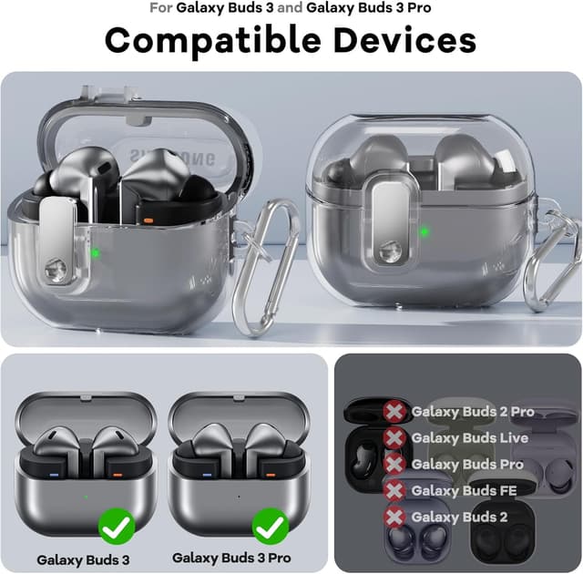 O Ozone Case Compatible with Samsung Galaxy Buds3 Case & Galaxy Buds 3 Pro Case Cover (2024), Anti-drop Anti-scratch Lock Clip Flexible TPU Clear Protection Case with Carabiner- Silver