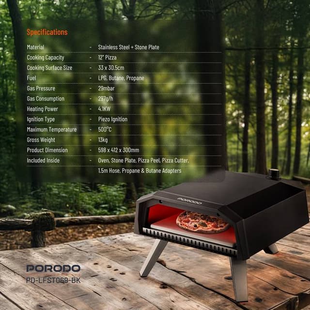 فرن بيتزا غاز​ للرحلات بورودو 12 بوصة 4100 واط Porodo Pizza Outdoor Oven