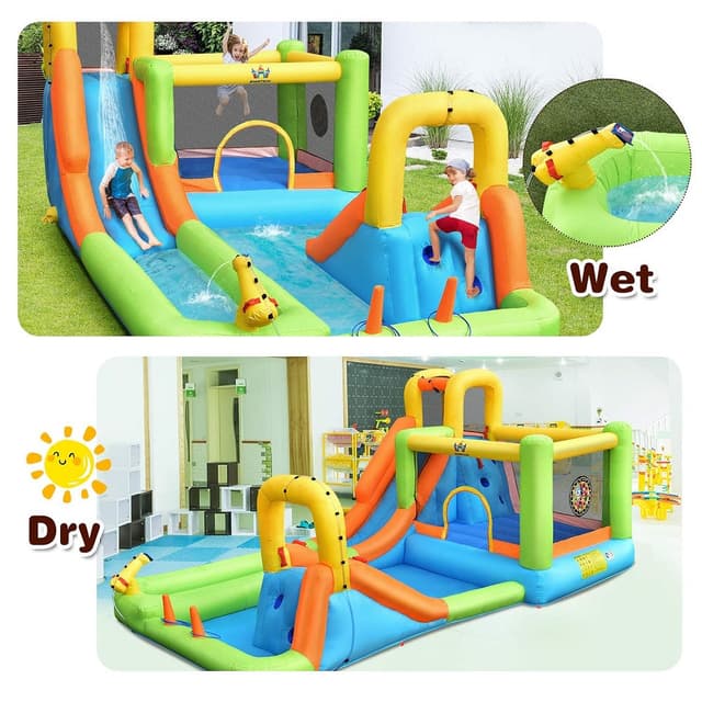 Megastar Inflatable Water Slide, 7 In 1 Double Long Slide Giant Water Park With Climbing Wall, Splash Pool, Basketball Rim, Water Slides For Kids Backyard, Water Bounce House With Air Blower - 719011