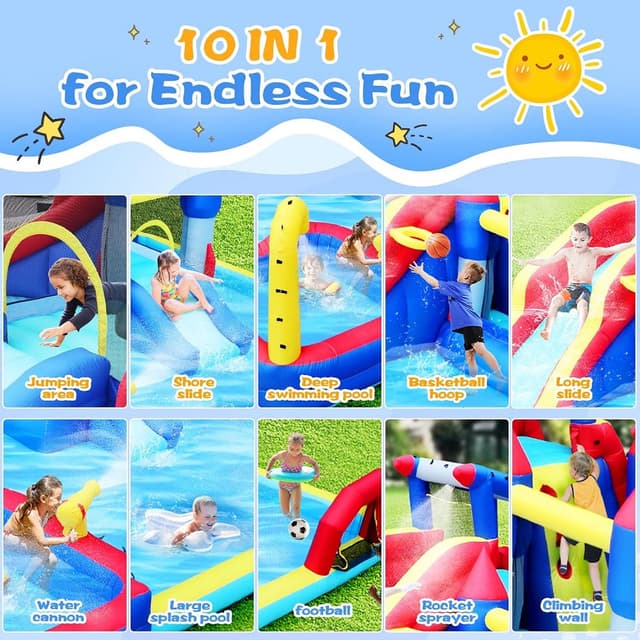 Megastar 10 In 1 Inflatable H20 Water Fight Bounce House Water Park For Kids, Slide Waterslide With Splash Pool & Basketball & Climbing Wall & Dual Pools & Soccer - 719024