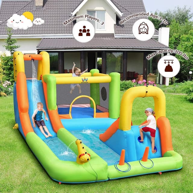 Megastar Inflatable Water Slide, 7 In 1 Double Long Slide Giant Water Park With Climbing Wall, Splash Pool, Basketball Rim, Water Slides For Kids Backyard, Water Bounce House With Air Blower - 719009