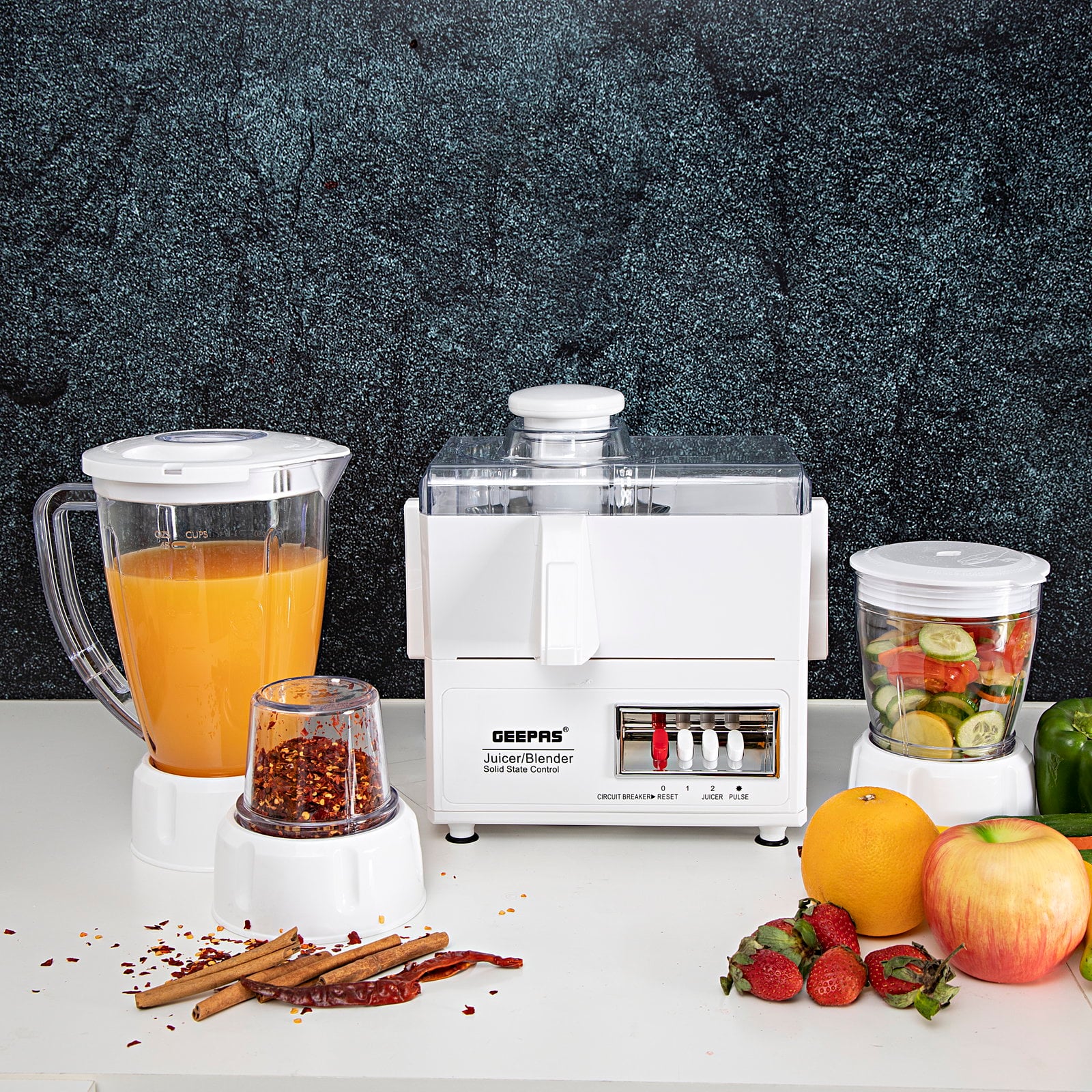 Geepas 4-in-1 Food Processor & Juicer - Multi-functional Smoothie Maker, Juicer, Compact Electric Blender, Chopper & Grinder - 1.6L Jar, 2-Speed Pulse Function for Ice Crusher - 600W - 2 Years Warranty