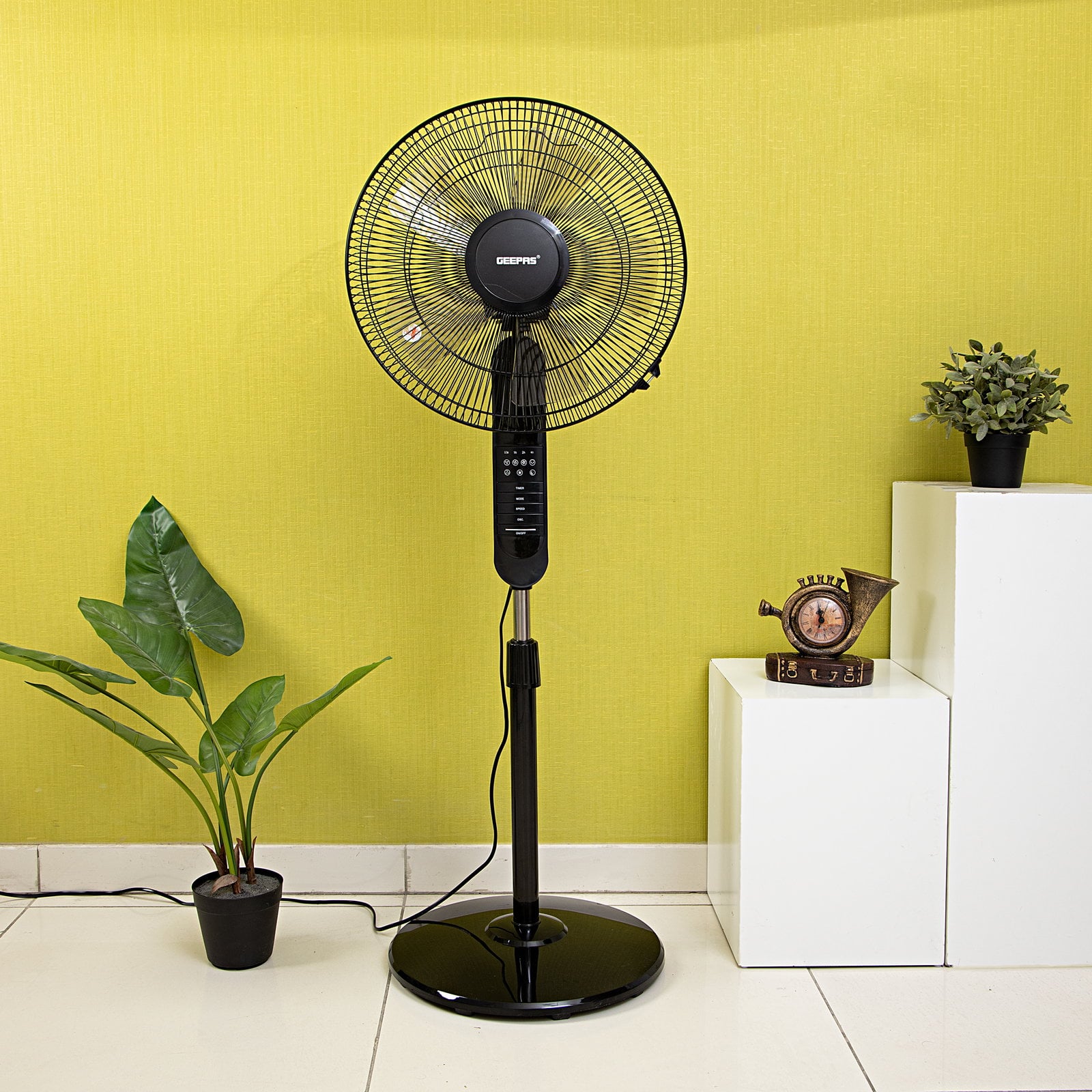 Geepas 16" Stand Fan with Remote Control - 3 Mode/Speed, 5 Leaf Blade Wide Oscillation, Adjustable Height & Tilt Setting With Led Display - 7.5 Hours Timer