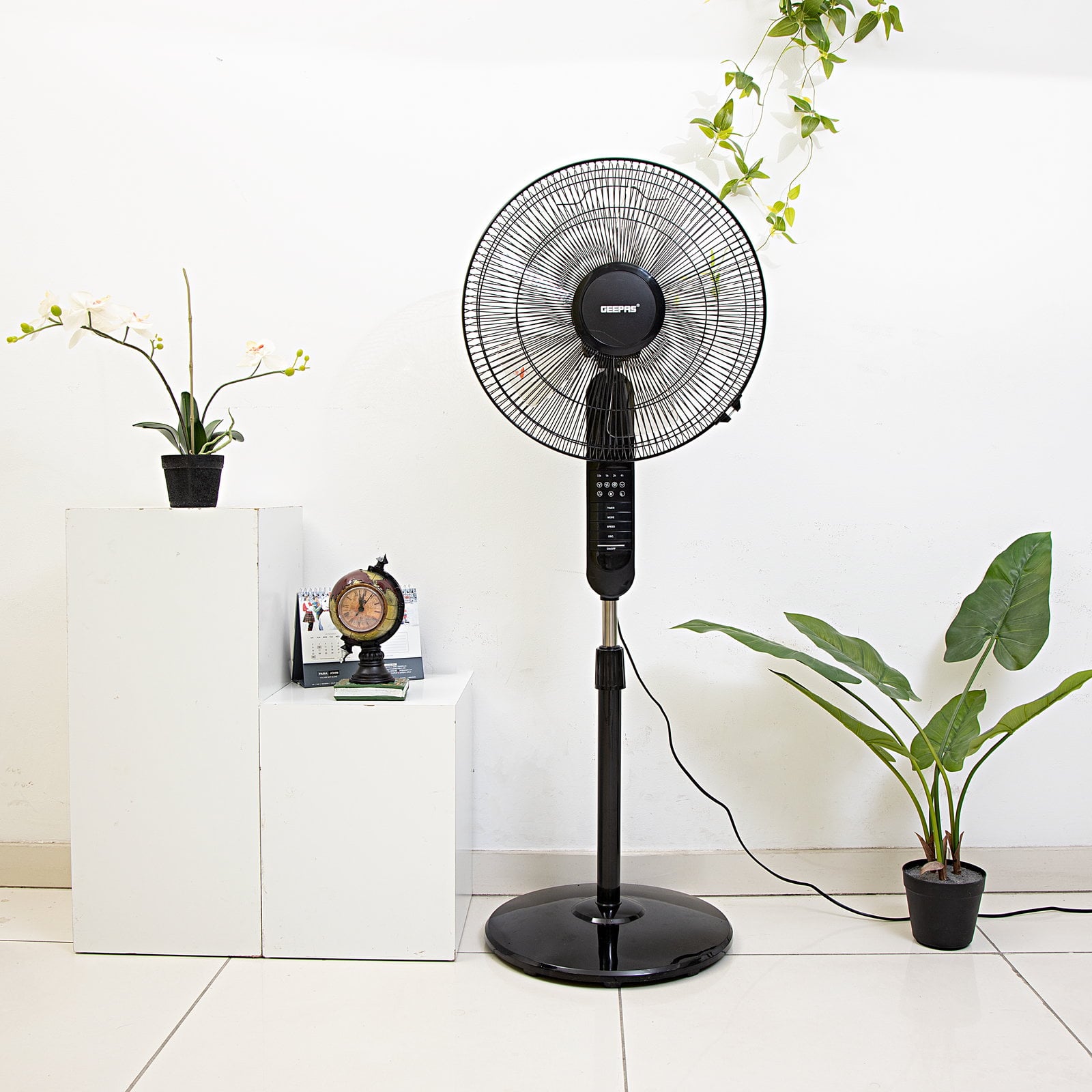 Geepas 16" Stand Fan with Remote Control - 3 Mode/Speed, 5 Leaf Blade Wide Oscillation, Adjustable Height & Tilt Setting With Led Display - 7.5 Hours Timer