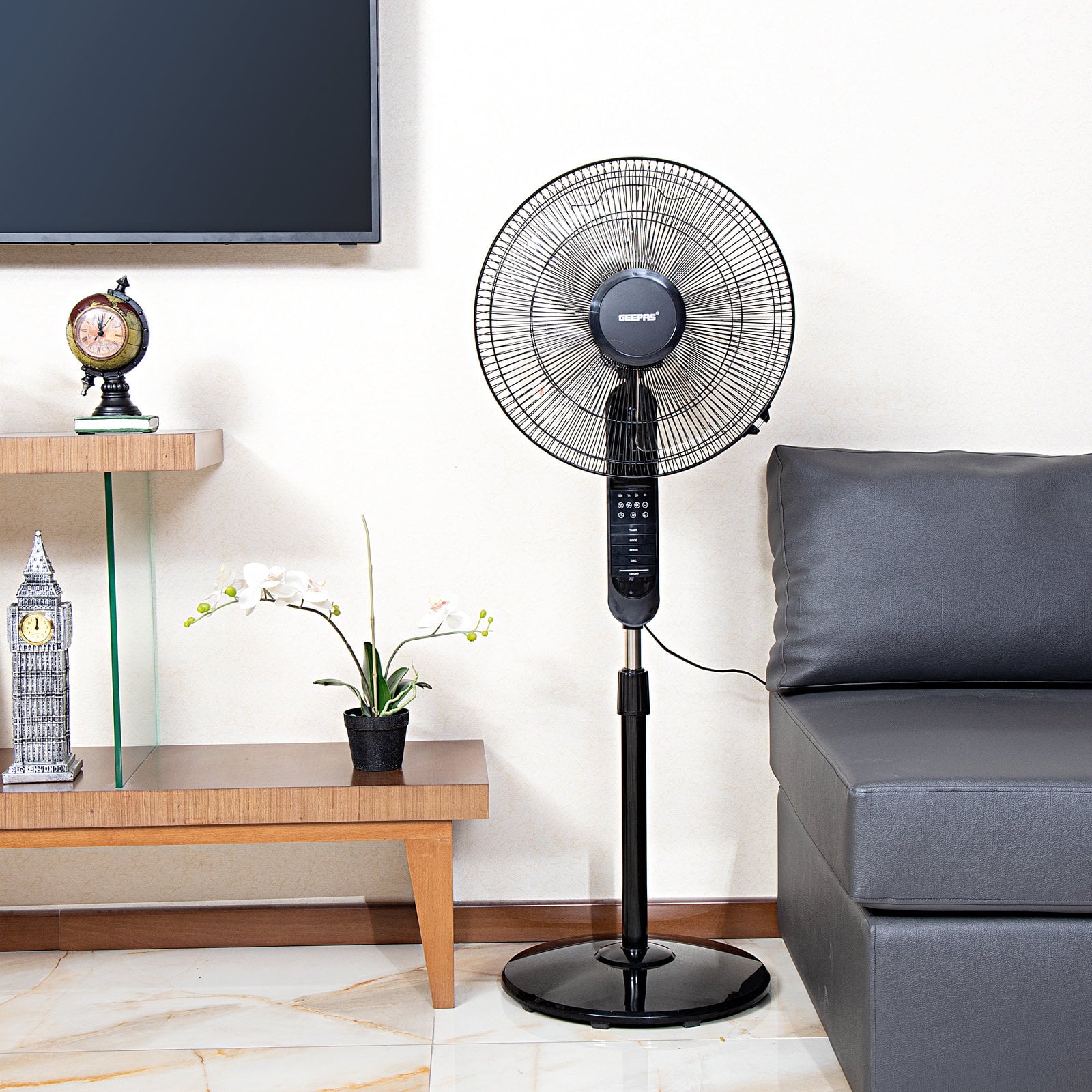 Geepas 16" Stand Fan with Remote Control - 3 Mode/Speed, 5 Leaf Blade Wide Oscillation, Adjustable Height & Tilt Setting With Led Display - 7.5 Hours Timer