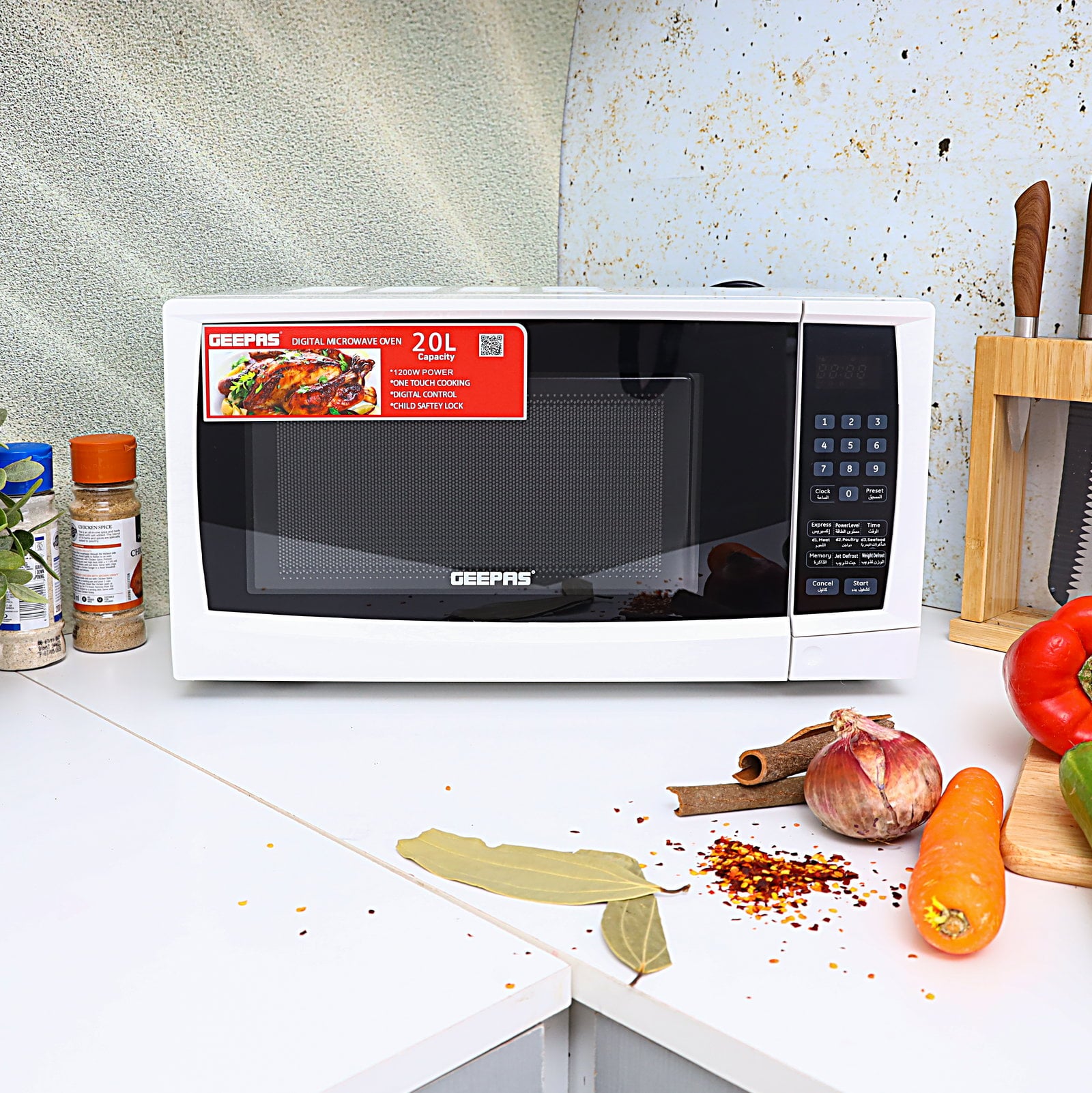 Geepas 20L 1200W Digital Microwave Oven with Multiple Cooking Menus GMO1895 