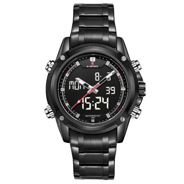 Naviforce 9050 Analog-Digital Movement Watch for Men with Black Stainless Steel Band - White - White