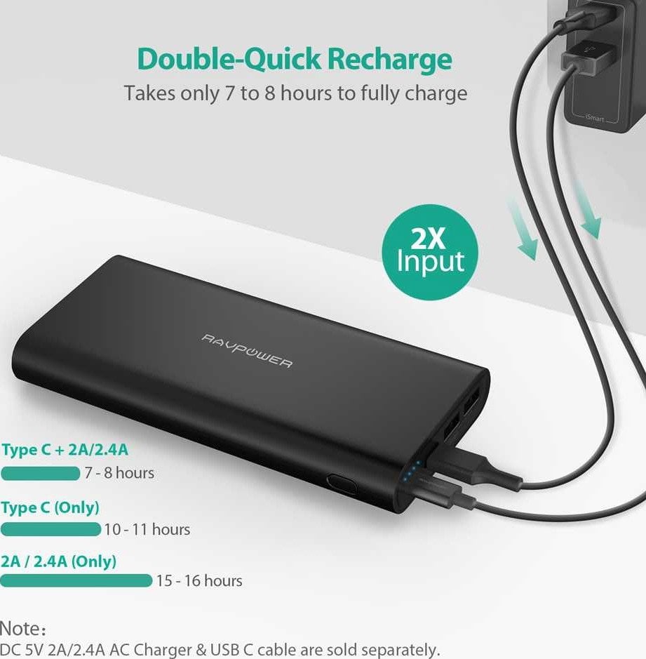 RAVPower Ace Series 26800mAh Portable Charger with Dual Input - Black ( Online Packaging )