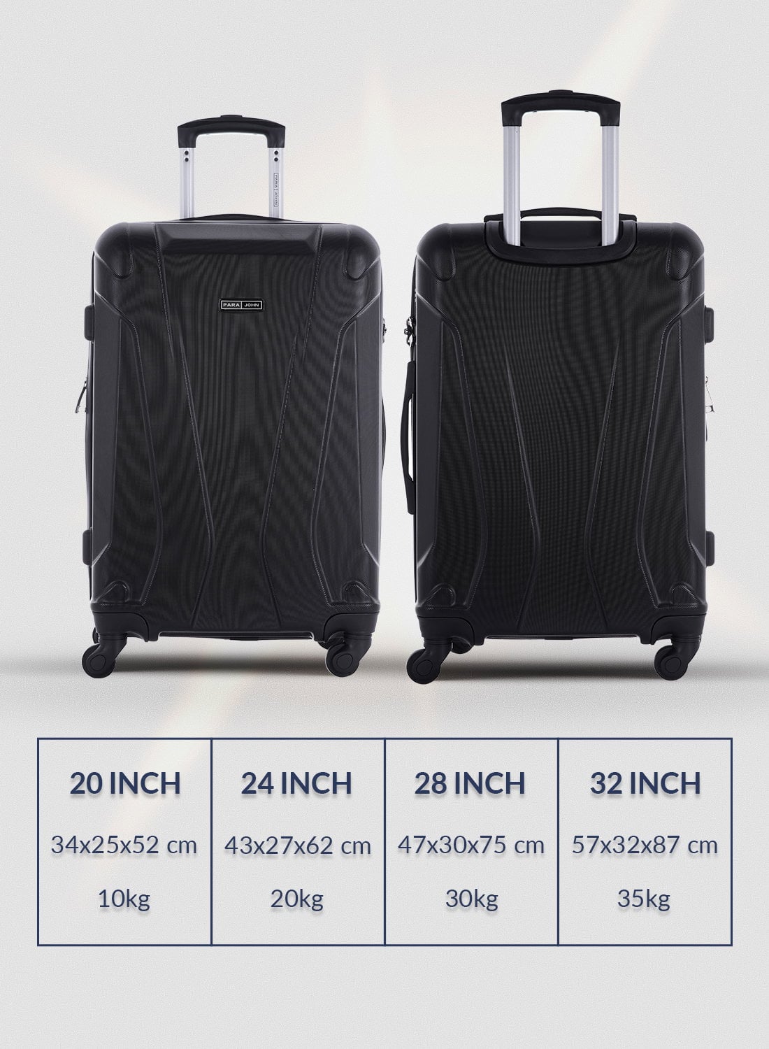طقم حقائب سفر 4 حقائب مادة ABS بعجلات دوارة (20 ، 24 ، 28 ،32) بوصة أسود PARA JOHN - 4 Pcs Zin Trolley Luggage Set, Black